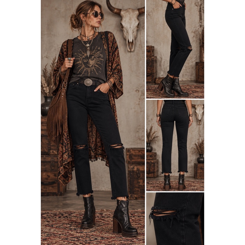 PAIGE Verdugo Crop Jeans Women 29 Black Distressed Knee Raw Hem Skinny Boho Edgy